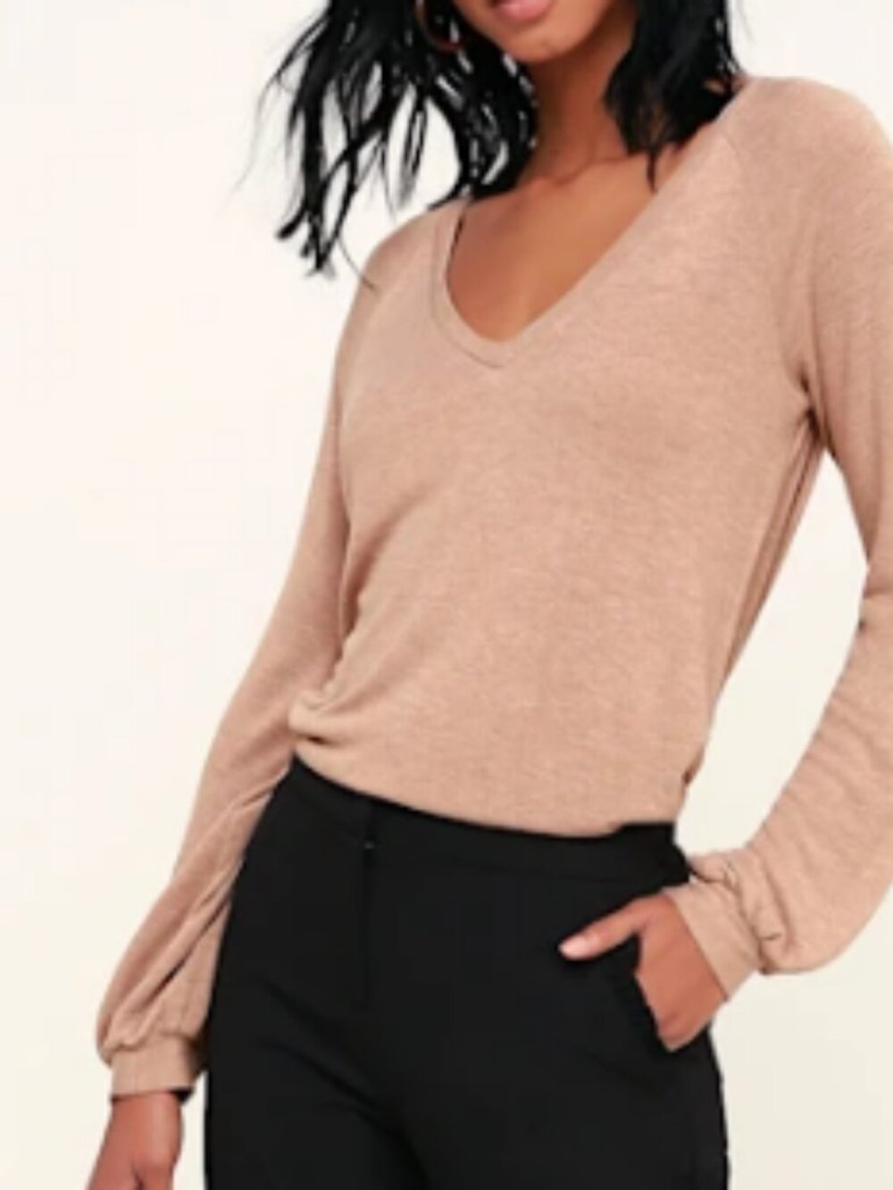 Lulus Tori Taupe V-neck Long Sleeve Sweater Top Beige - Size Medium